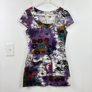 Papillon Blanc Purple and Black Abstract Graohic Art Tunic Top